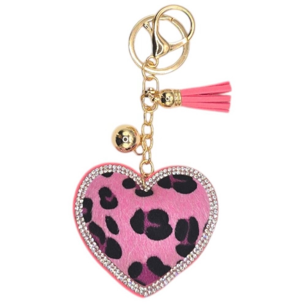 NWT Rhinestone faux leopard fur pink heart Keychain Bag Charm Vegan Suede